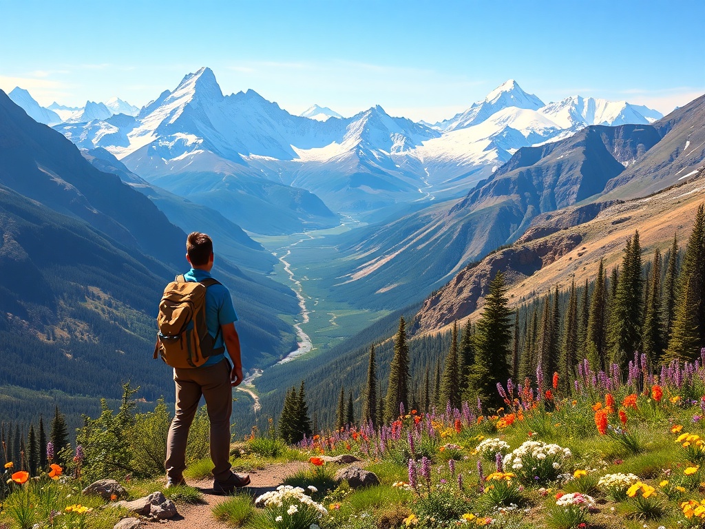 a breathtaking view of Denali National Park with a hiker standing in front of towering peaks and wildflowers