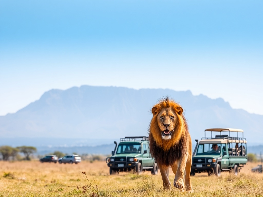 a lion on the African savannah, safari vehicles in the background, and Table Mountain looming in the distance