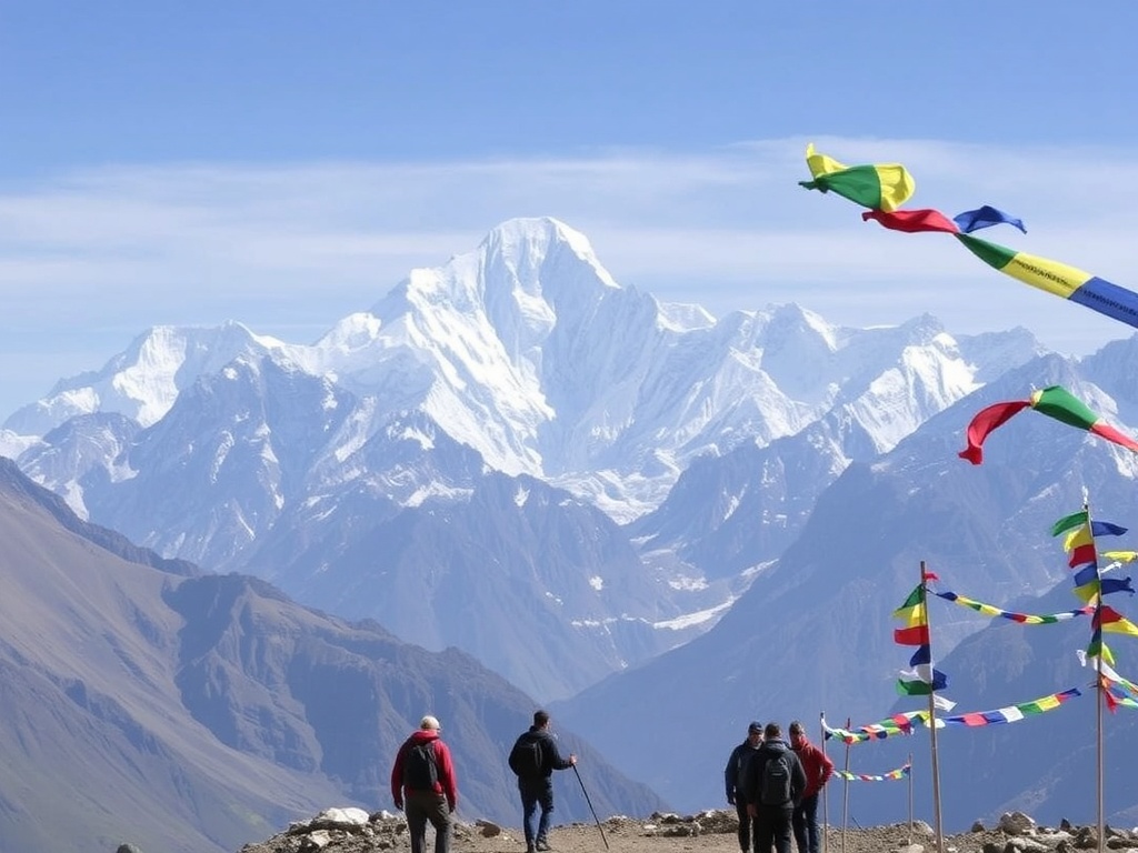 a majestic view of Mount Everest, trekkers in the foreground, with prayer flags blowing in the wind