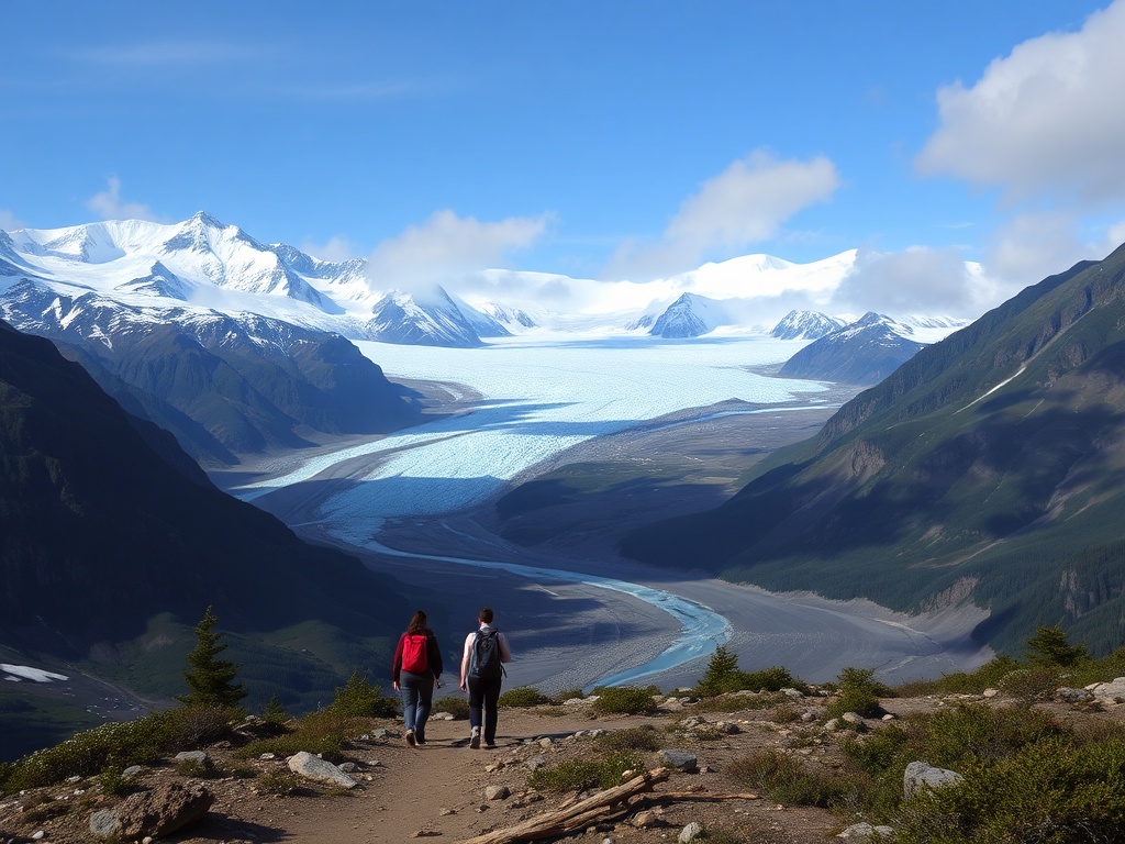 a panoramic view of glaciers and vast wilderness, with hikers walking towards a massive glacier