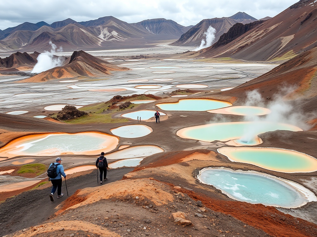 a rugged landscape of volcanoes, hot springs, and geysers, with adventurers hiking through a geothermal valley