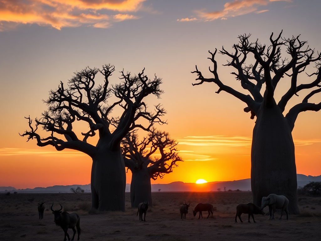 baobab trees at sunset, surrounded by desert landscapes and wild animals in the distance