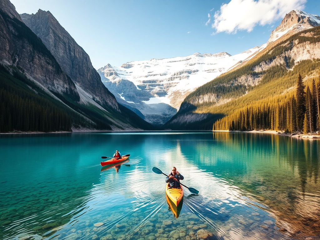 crystal-clear lakes surrounded by towering mountains in Banff National Park, with kayakers paddling