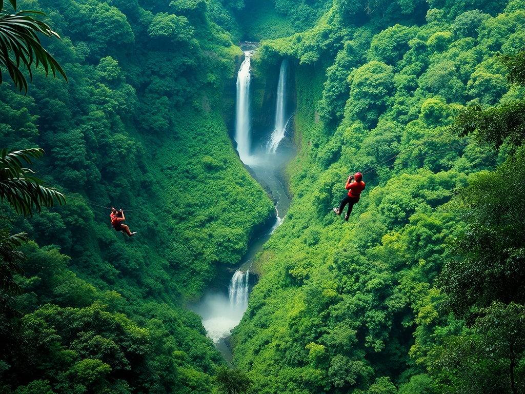 lush green rainforest with zip-liners soaring above, waterfall cascading down in the background