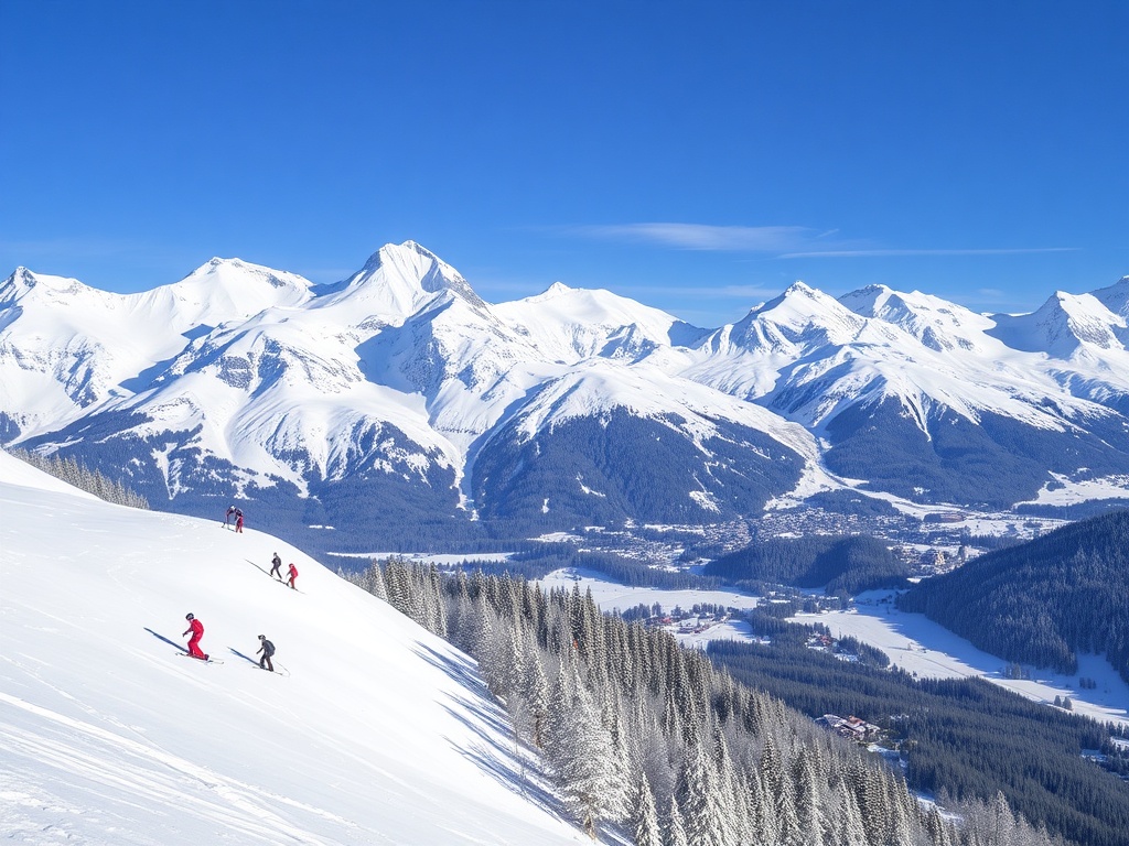 snow-capped Swiss Alps with skiers gliding down slopes, picturesque alpine village in the distance