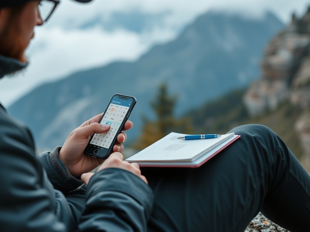 adventurer calculating travel budget using smartphone and notebook