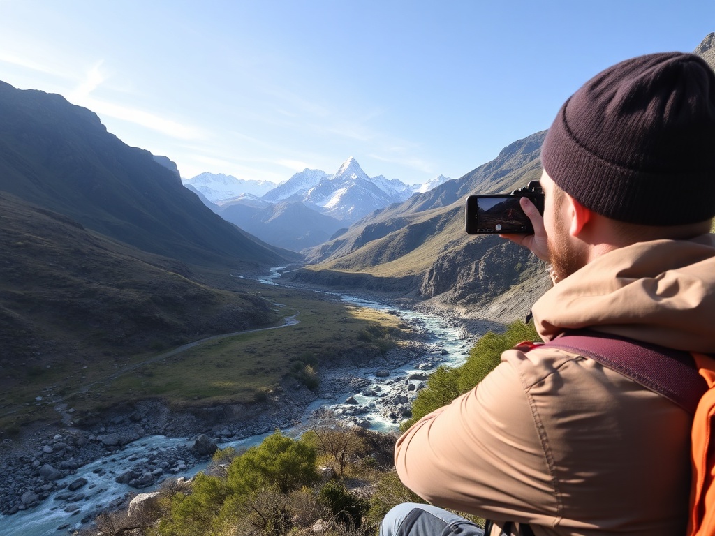 adventurer taking photos with mountains and rivers in background