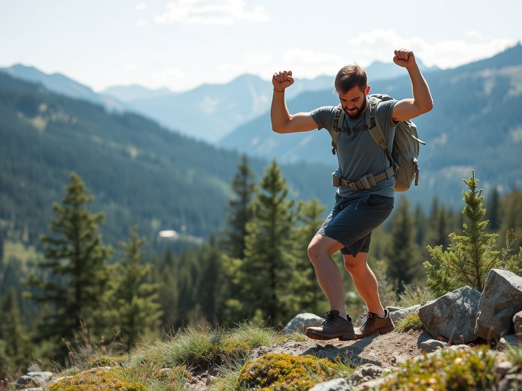 adventurer training outdoors with hiking and strength exercises