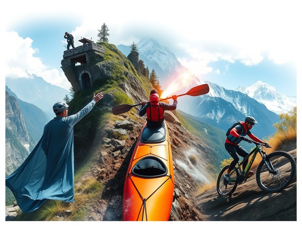 exciting montage of outdoor adventure activities including hiking, kayaking, and mountain biking