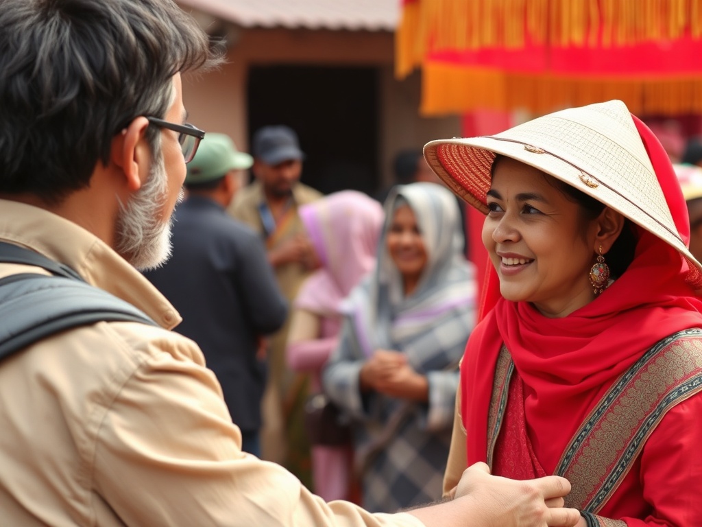 traveler interacting with local community and enjoying cultural festival