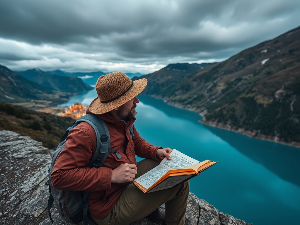 traveler reflecting on past adventures while reviewing journal and photos