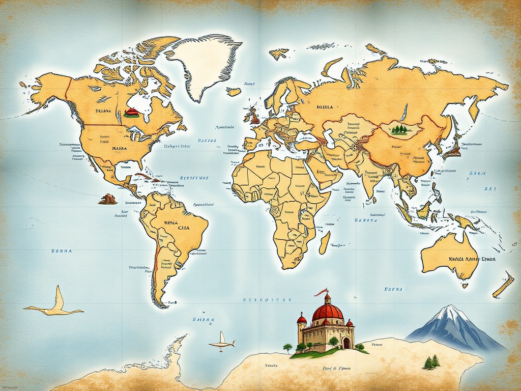 world map highlighting top adventure travel destinations with landmarks