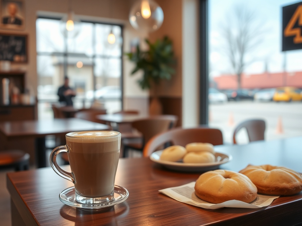 coffee shop in Airdrie Alberta cozy interior latte and pastries warm lighting