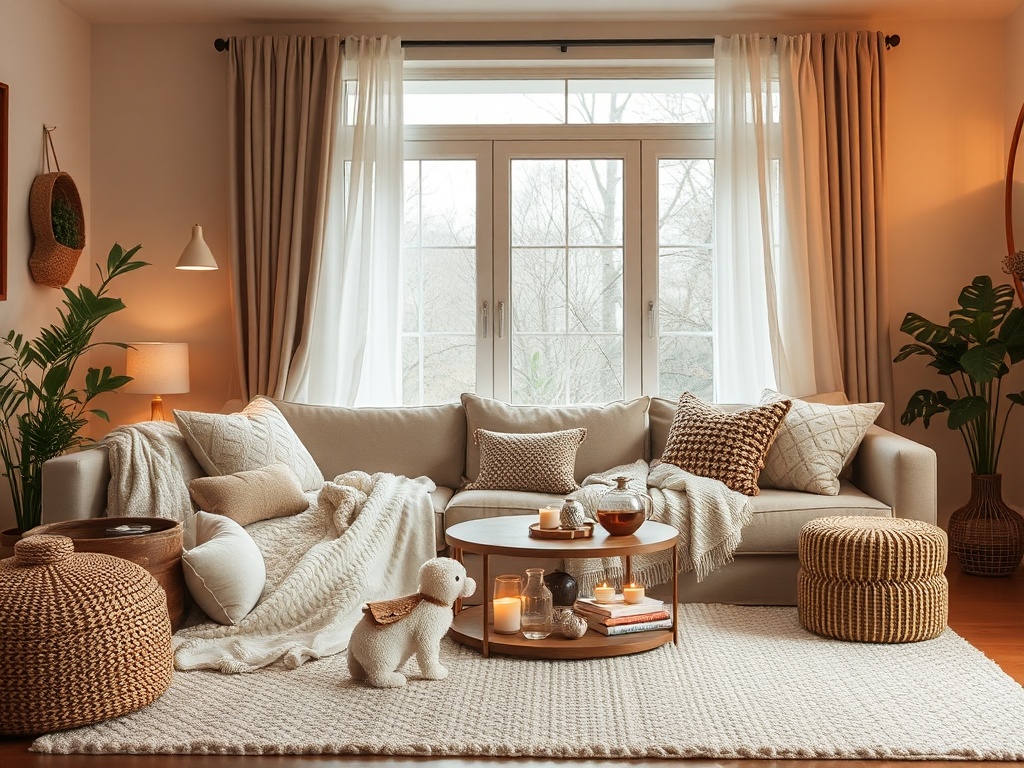 cozy living room weekend relaxation blanket tea soft lighting calm