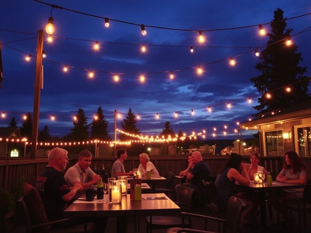 evening patio dining Alberta string lights friends relaxed atmosphere