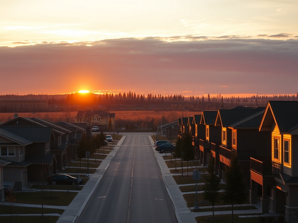 golden sunrise over Airdrie Alberta quiet streets and modern homes soft light cinematic