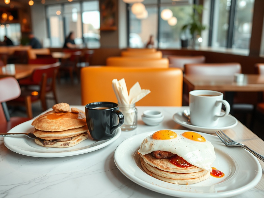 local brunch table pancakes eggs coffee bright modern restaurant Alberta