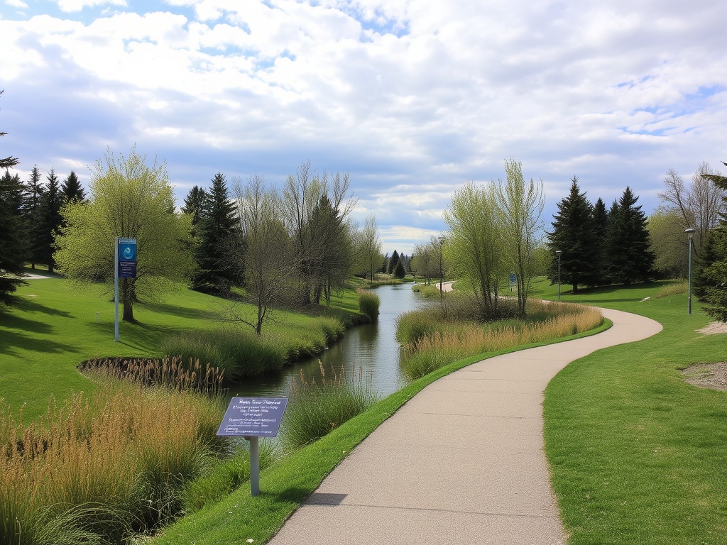 scenic walking path Nose Creek Park Airdrie trees water pathway peaceful