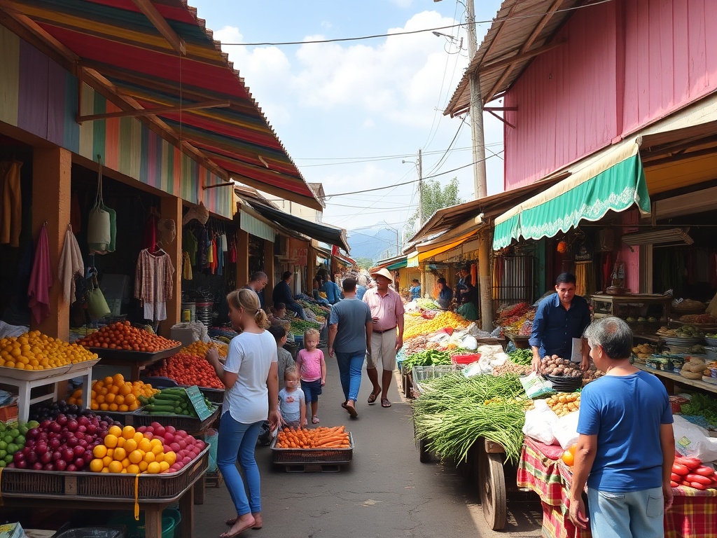 A friendly local market with colorful stalls, fresh produce, and families enjoying the day
