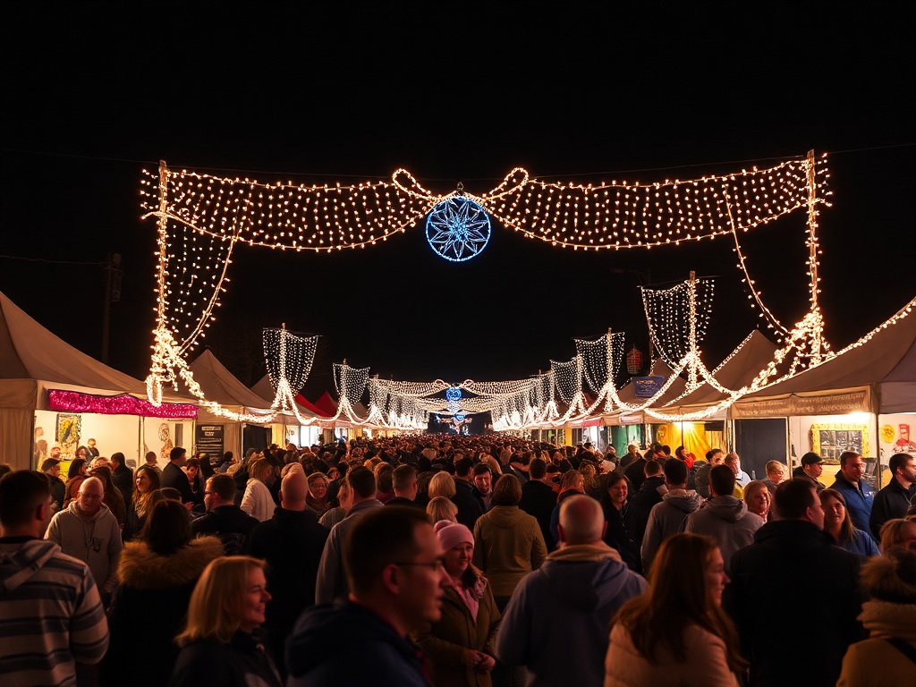 A lively Airdrie festival with lights, music, and crowds enjoying the fun