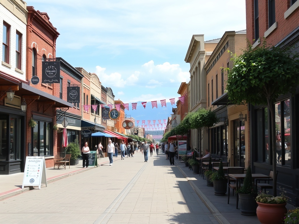 A vibrant downtown street scene with local shops and cafes, Airdrie style