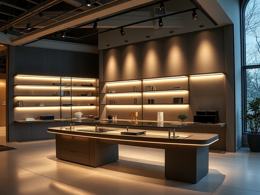 a sleek modern display setup with ambient lighting and elegant shelving