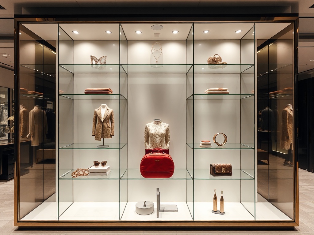 luxurious display cabinet with fashion items and adequate lighting