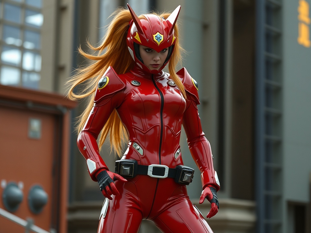 Asuka Langley in her iconic plug suit, in an action-ready stance