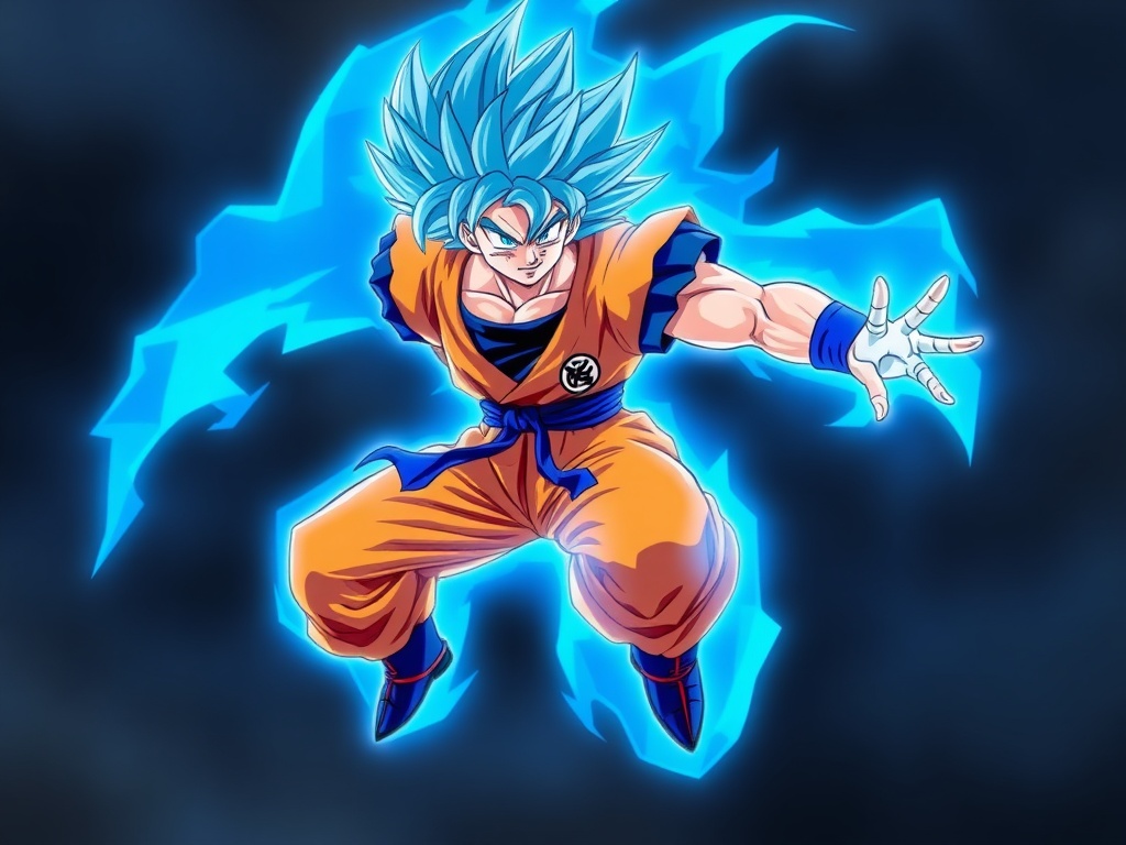 Goku in a powerful action pose, glowing with Super Saiyan Blue energy