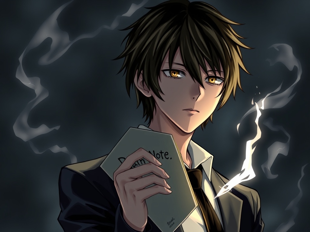 Light Yagami holding his Death Note, exuding a calm yet sinister presence