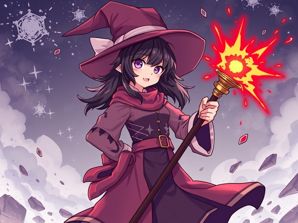 Megumin in her signature explosion-casting pose, with her wizard hat and staff