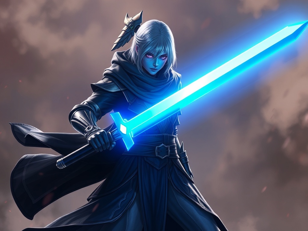 Saber Alter standing in battle stance, glowing sword in hand