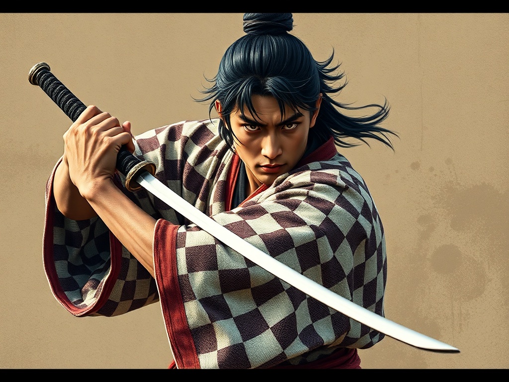 Tanjiro Kamado wielding his sword with determination, dressed in his checkered haori