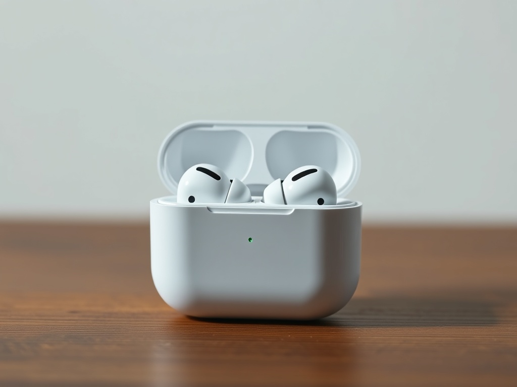 AirPods Pro in open case with soft ambient lighting, clean Apple-style product shot