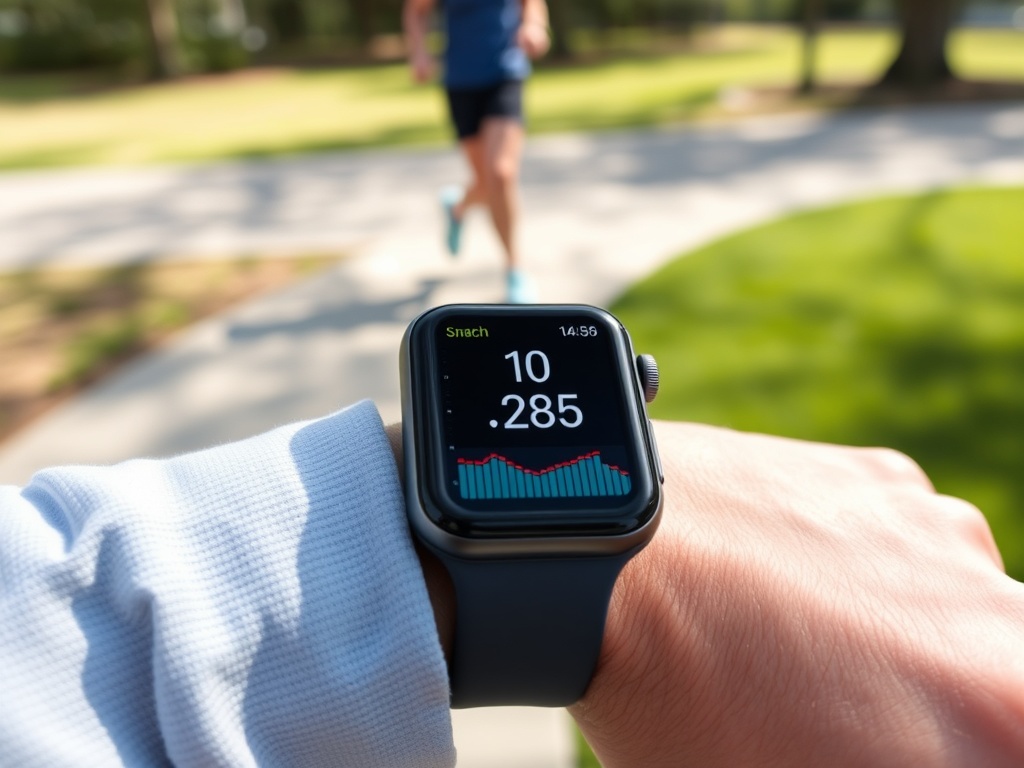 Apple Watch on wrist showing fitness metrics during outdoor walk, natural lighting