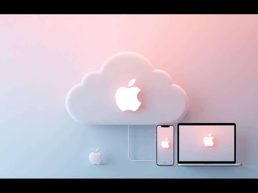 cloud storage concept with Apple ecosystem devices syncing seamlessly, minimal design