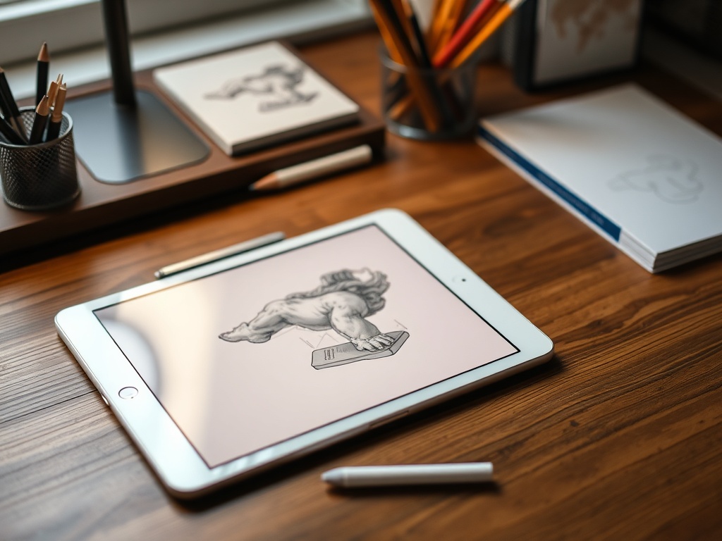 iPad Air with Apple Pencil on wooden desk, sketching app open, creative workspace
