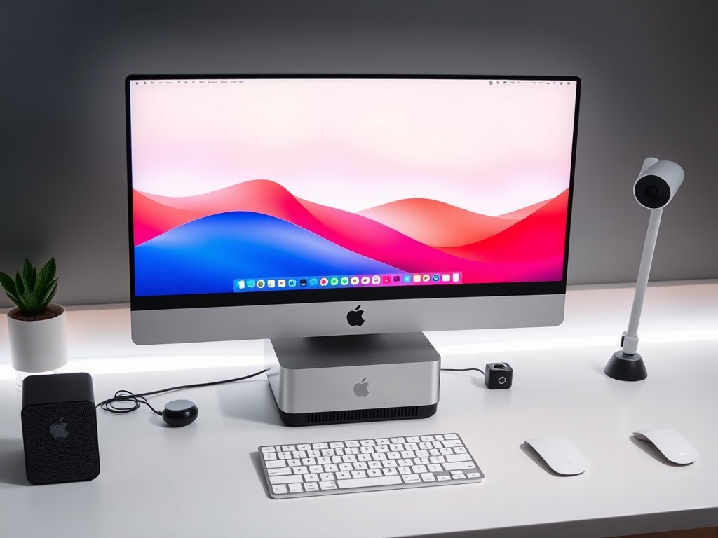 Mac Mini on modern desk setup with external monitor and keyboard, clean aesthetic