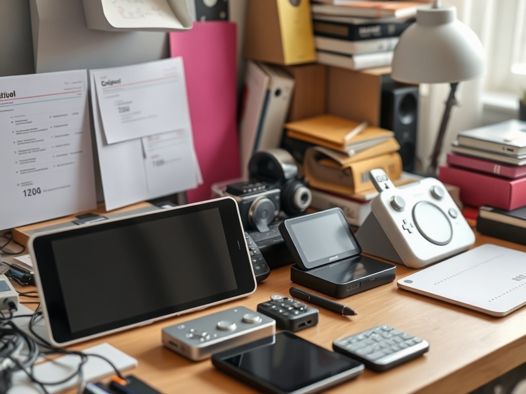 overpriced tech gadgets sitting unused on desk, cluttered scene representing unnecessary purchases