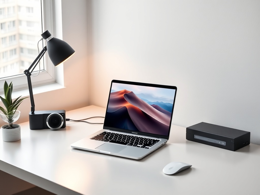 ultra-thin MacBook Air on minimalist desk with soft lighting, modern workspace aesthetic