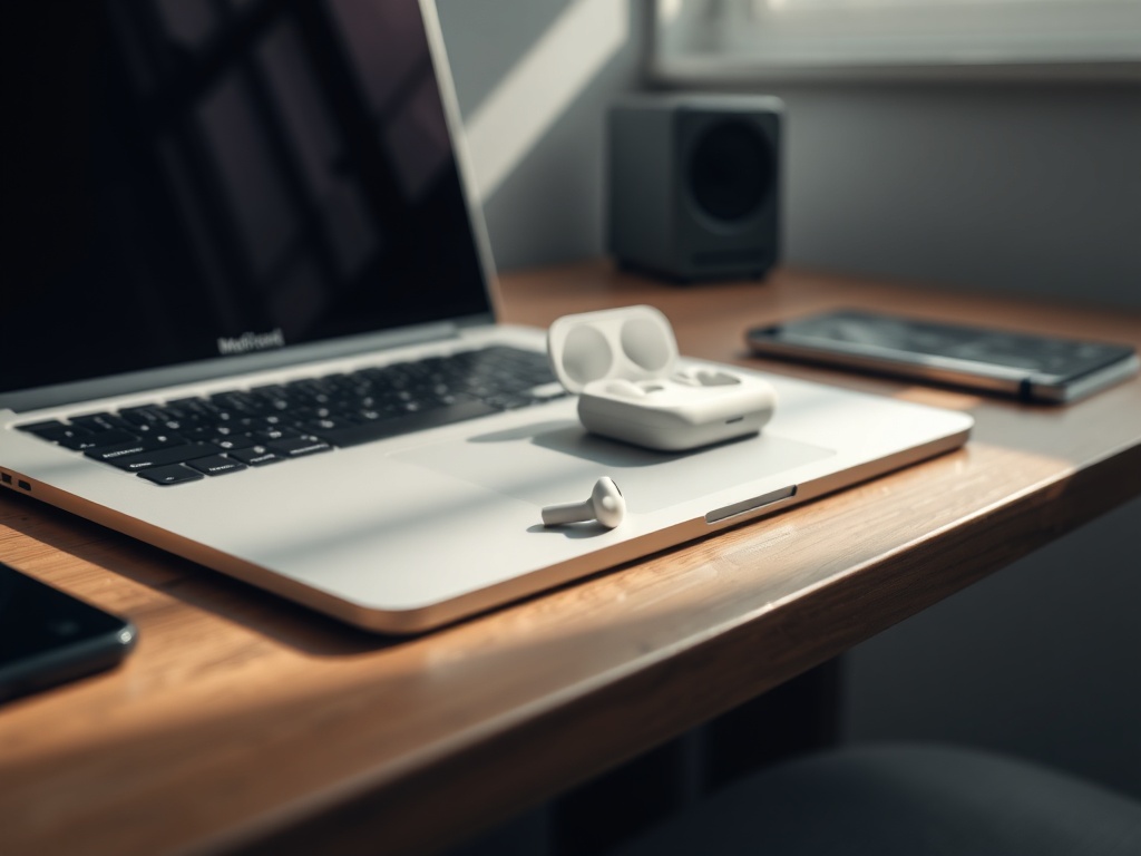 AirPods Pro on wooden desk with MacBook, soft natural light, minimalist workspace