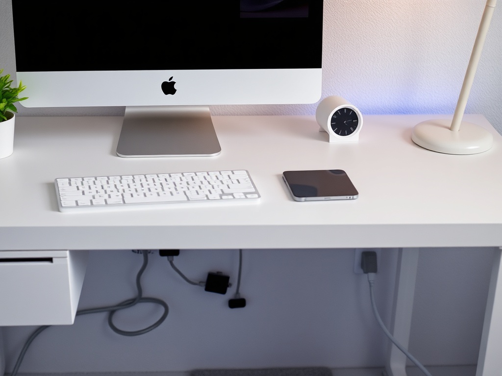 clean desk with hidden cable management system, minimal wires visible, Apple-style setup