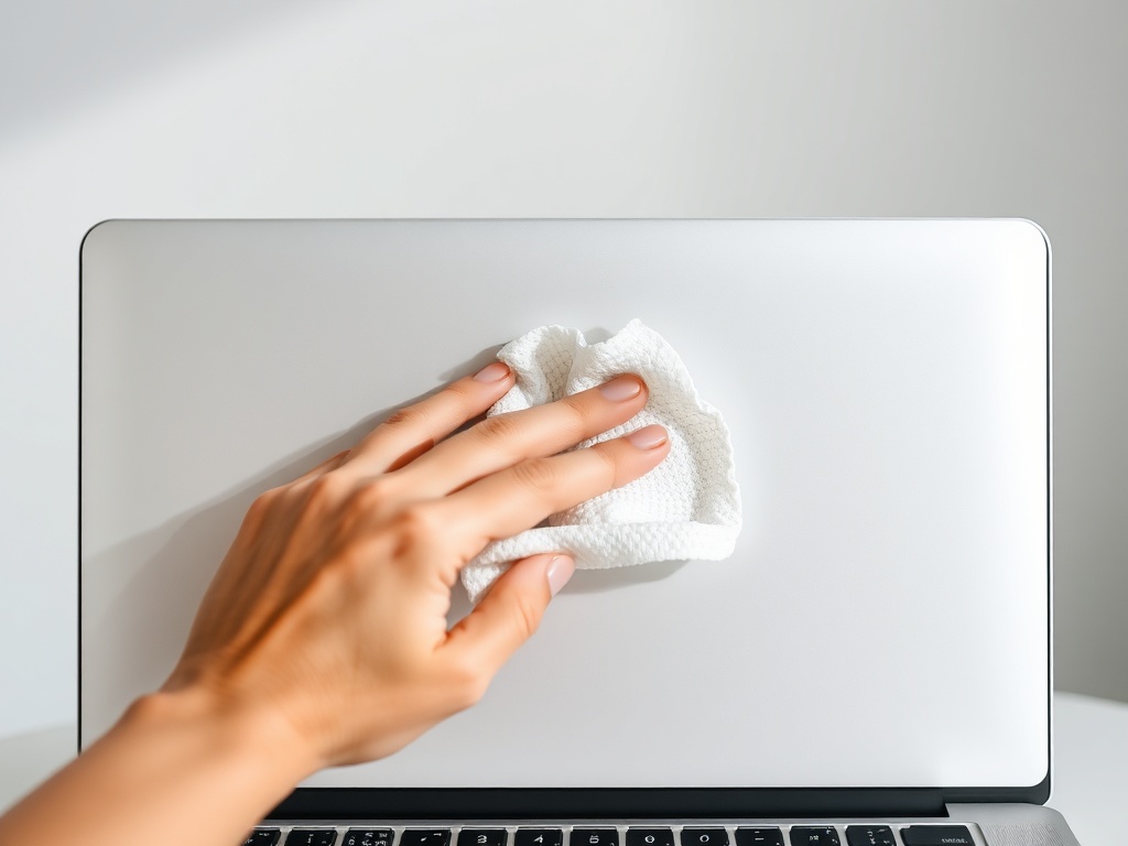 cleaning microfiber cloth wiping MacBook screen, crisp reflection, minimalist aesthetic