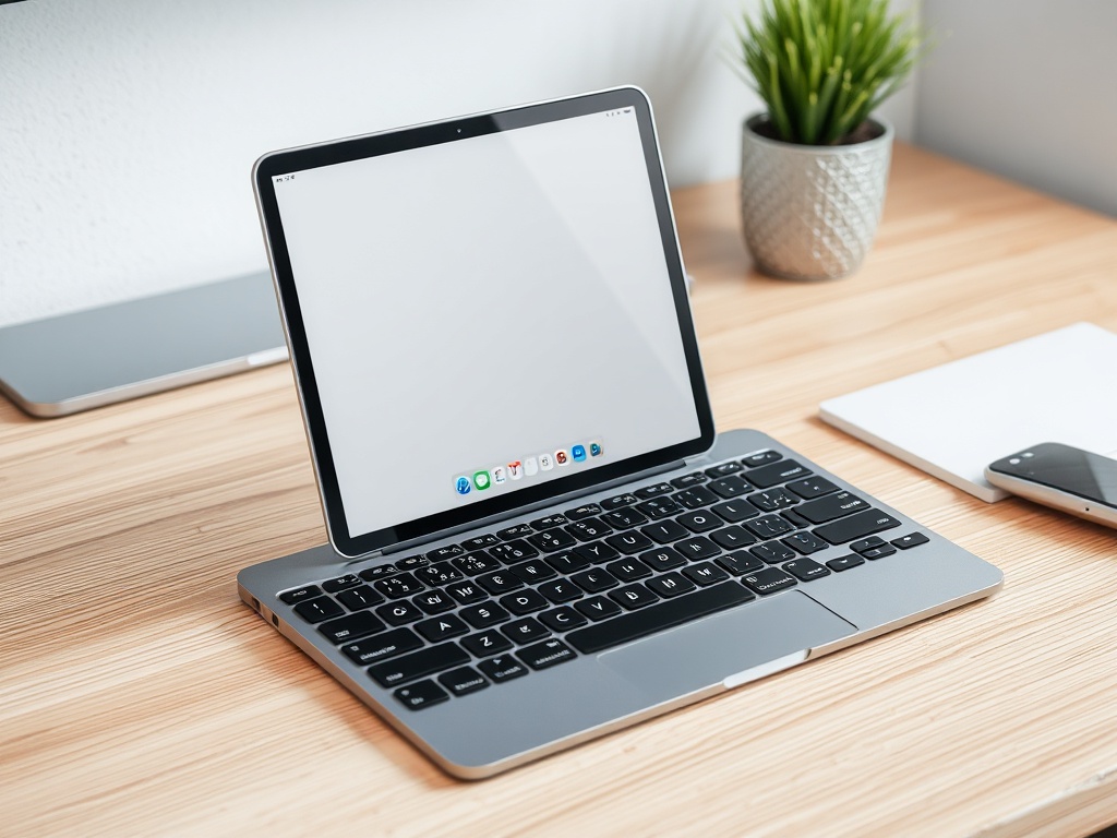iPad with Magic Keyboard on desk, laptop-like setup, productivity scene