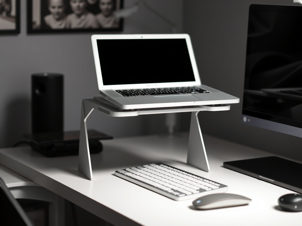 MacBook elevated on aluminum stand with external keyboard setup, ergonomic desk