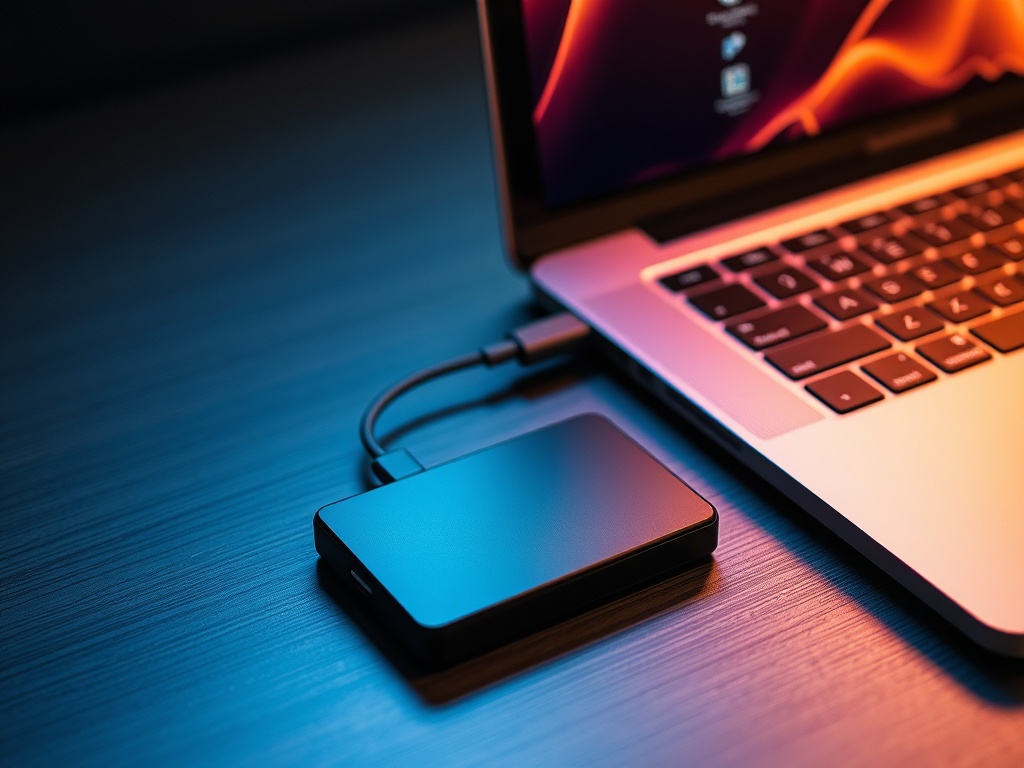 portable SSD connected to MacBook, data transfer glow, modern tech aesthetic