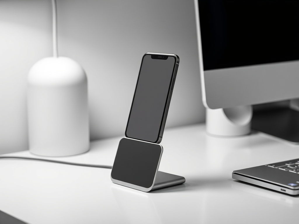 sleek MagSafe charging stand on minimalist desk with iPhone floating upright, soft lighting, Apple aesthetic