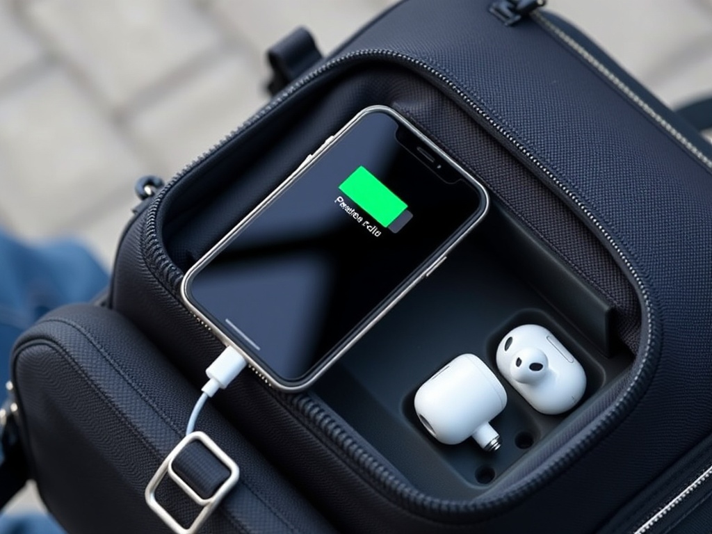 sleek power bank charging iPhone and AirPods in a travel bag, modern lifestyle