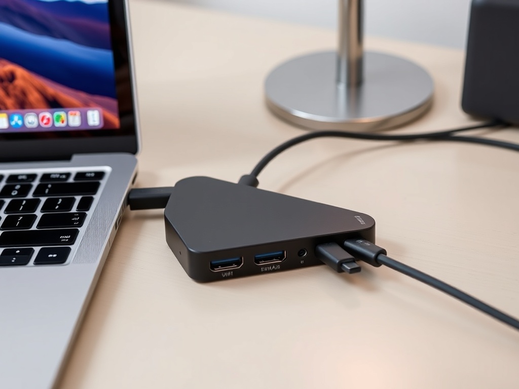 USB-C hub connected to MacBook with multiple ports in use, professional desk setup
