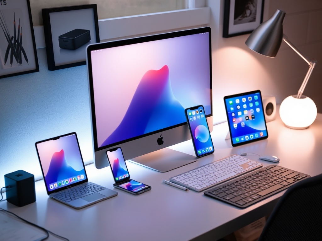 Apple devices seamlessly connected on a modern desk glowing with continuity features like AirDrop and Handoff